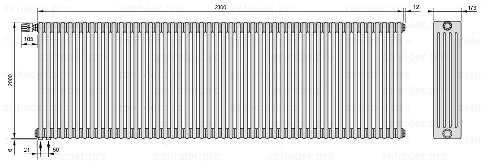 Схема (чертеж) Радиатор Zehnder Charleston 5200/50 №V001 Белый глянцевый RAL 9016